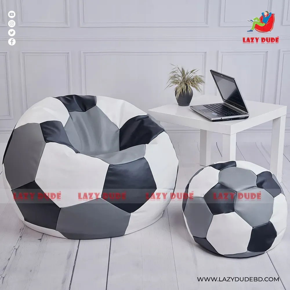 Football Shape Lazy Bean Bag Combo Set -  Ash, White & Black Color