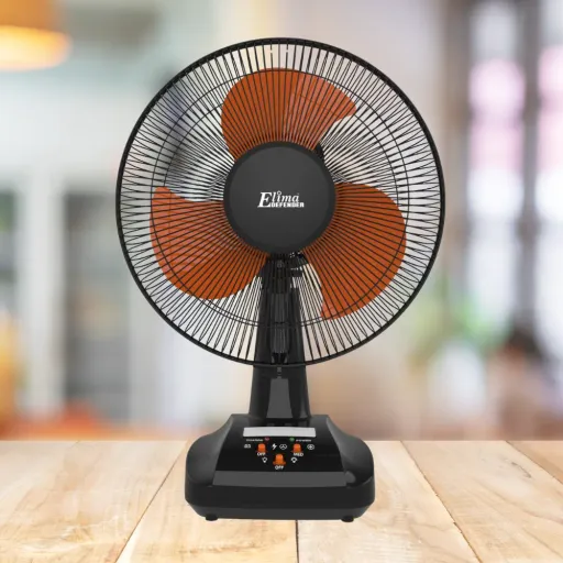 Elima EM-KN2912B Rechargeable 12-Inch 10Hr Backup Table Fan with LED | 6V 7.0Ah Battery | AC/DC | Long Backup Air Circulation Fan