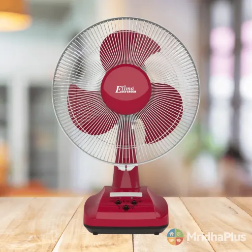 Elima EM-KN2912M Rechargeable 12-Inch 10Hr Backup Table Fan with LED | 6V 7.0Ah Battery | AC/DC | Long Backup Air Circulation Fan.