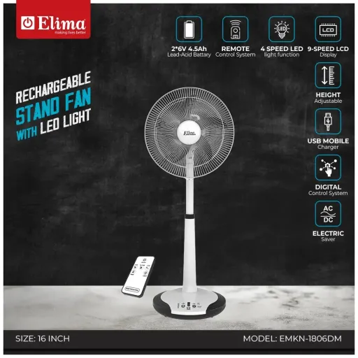 EMKN-1806DW Rechargeable Stand Fan with LED Light – Long Battery Backup & Powerful Airflow for Home & Office