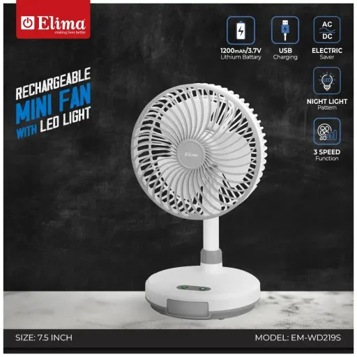 EM-WD219S Rechargeable Fan – 7.5 Inch | USB Charging | Type-C Input | Night Light Pattern | 3-Speed Table Fan