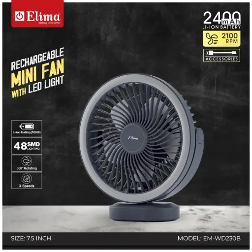  EM-WD230B Rechargeable Fan- 2400mAh Li-ion Battery | 7.5 Inch 48 SMD Light | 360° Rotating Portable Table Fan