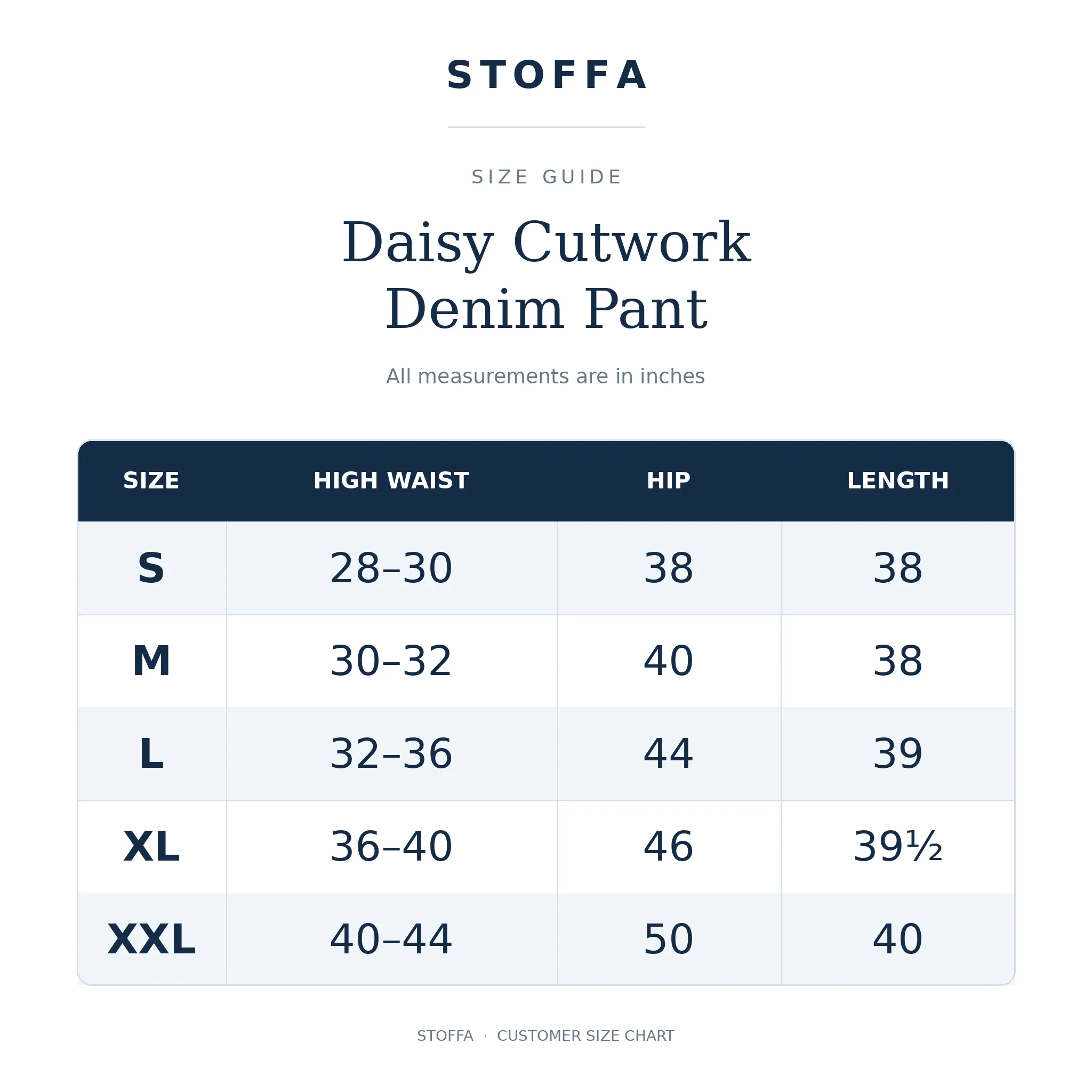 STOFFA Daisy Cutwork Denim Pant size chart in inches