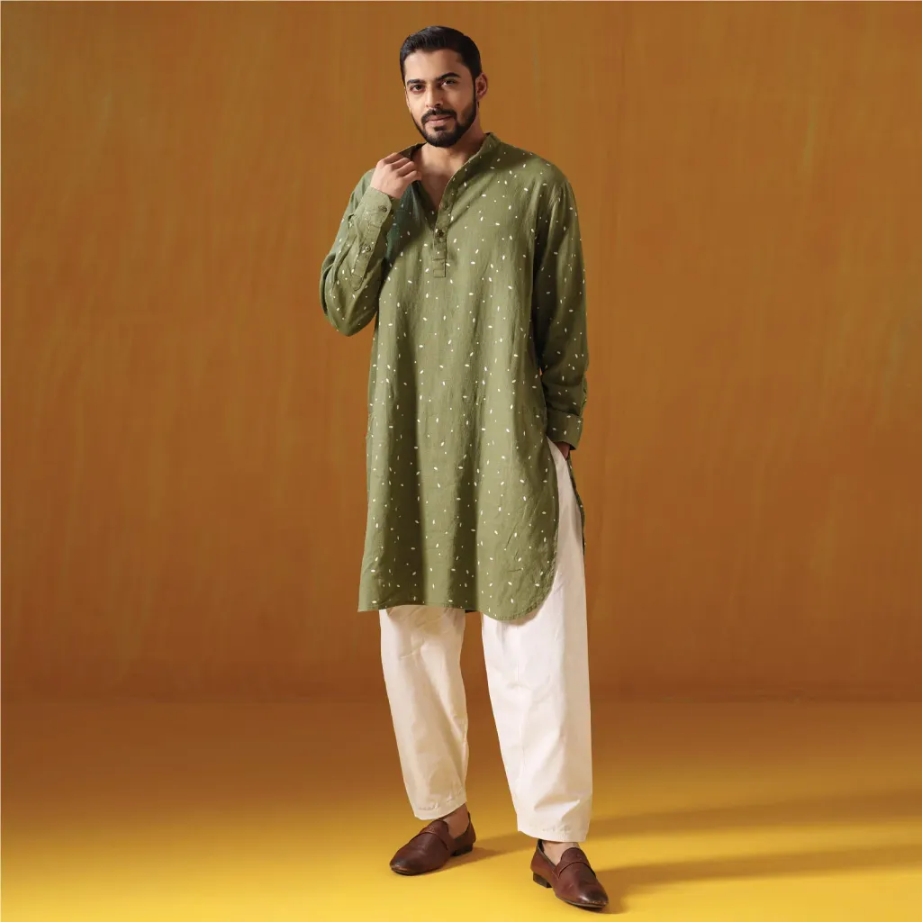 Olive Green Linen Blend Kabli Panjabi
