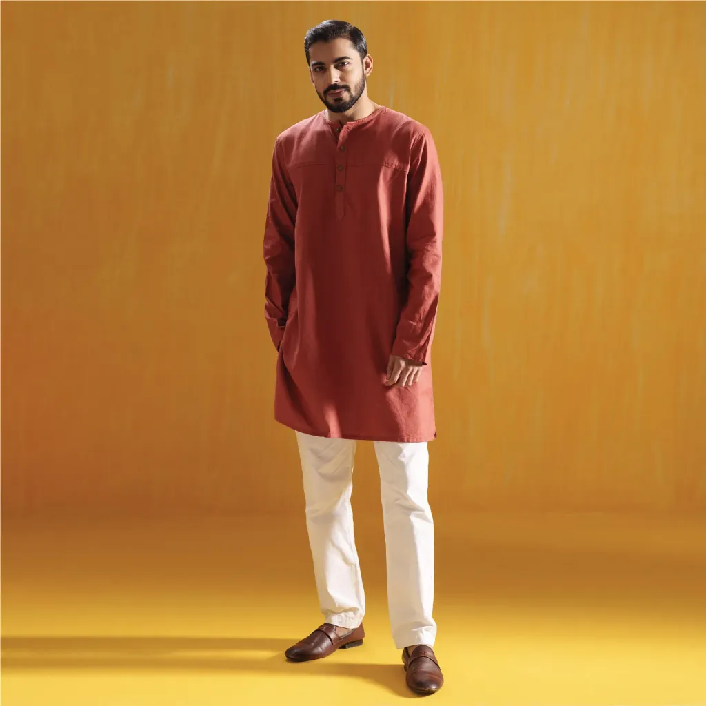 Terracotta Red Dobby Cotton Panjabi