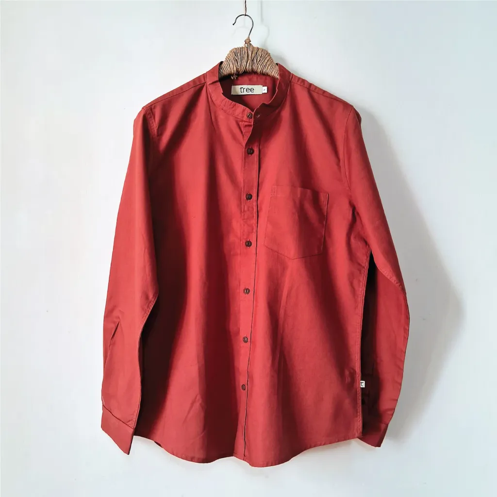Terracotta Red Dobby Cotton Mandarin Collar Shirt
