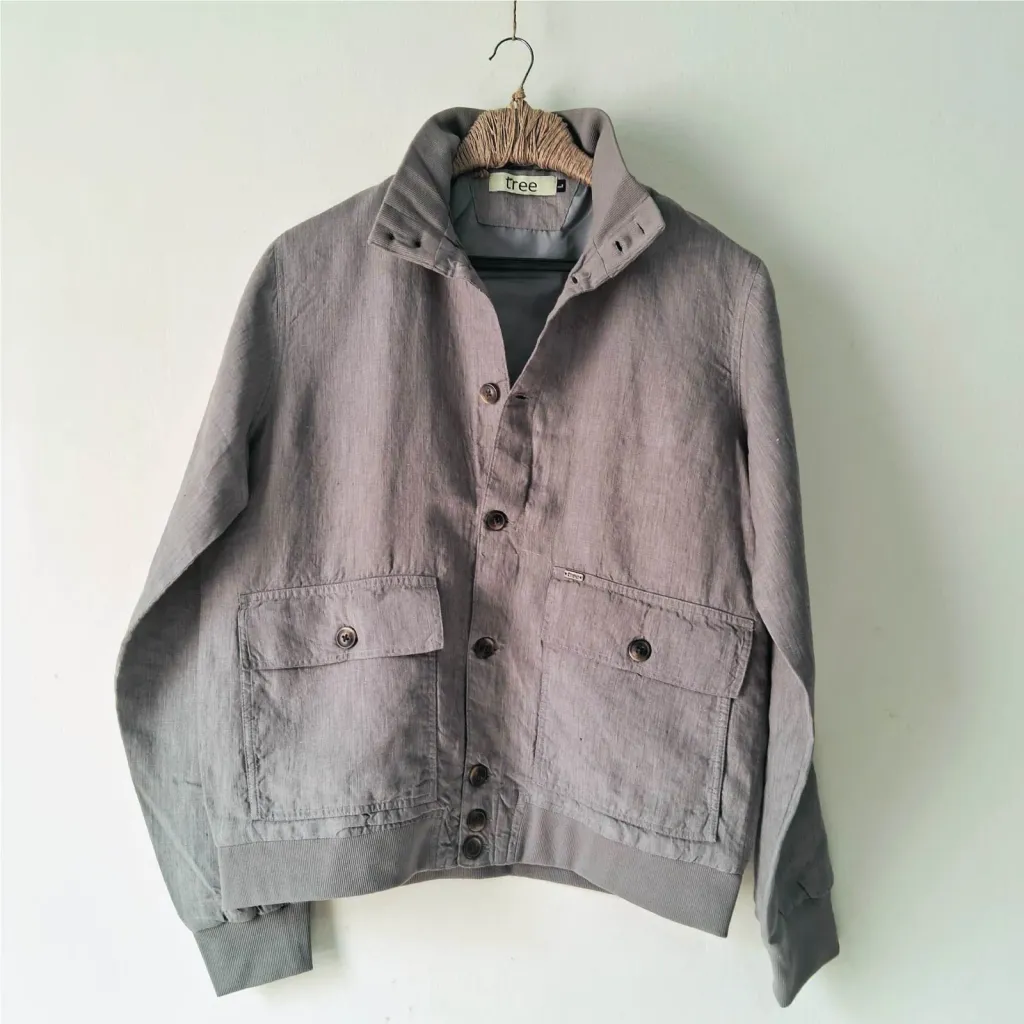 Space Gray Textured Premium Linen Bomber Jacket