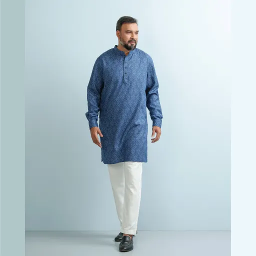 Navy Blue Premium Jacquard Printed Linen Panjabi