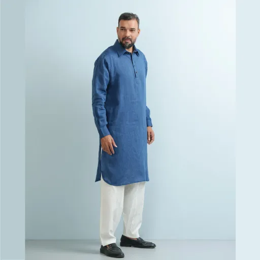 Mid Blue Premium Linen Classic Kabli Panjabi