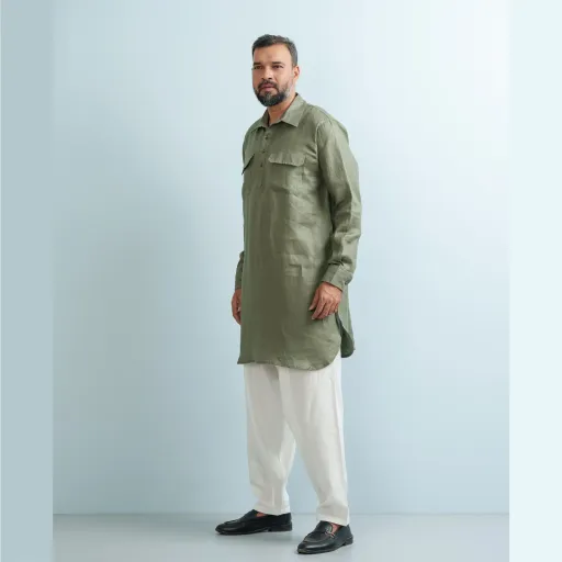 Fresh Olive Premium Herringbone Linen Modern Kabli Panjabi