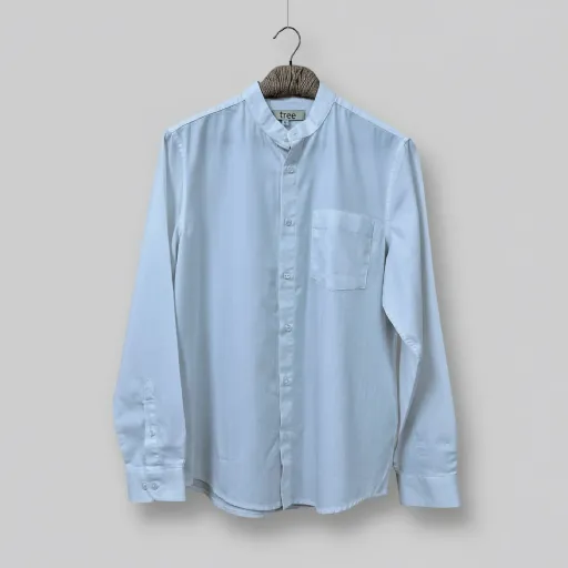 White Herringbone Cotton Mandarin Collar Shirt