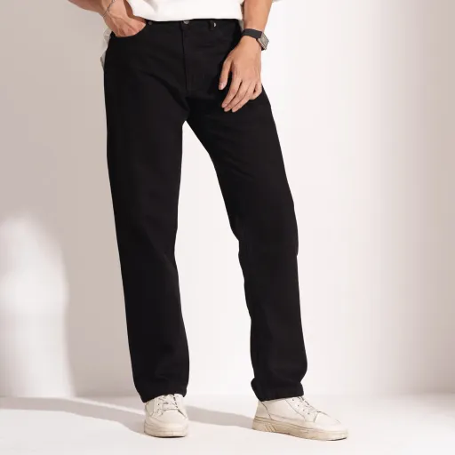 Black Straight Fit Cotton Denim Jeans - 12 oz