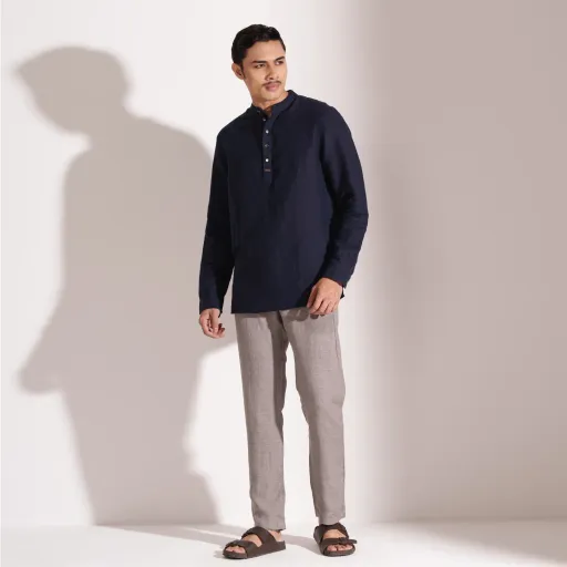 Navy Blue Premium Linen Henley Shirt
