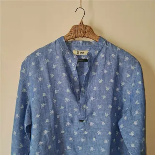 Sky Blue Print Premium Linen Henley Shirt