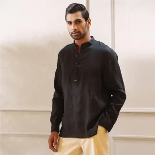 Black Premium Linen Henley Shirt