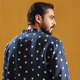 Midnight Blue Polka Dot Premium Linen Panjabi