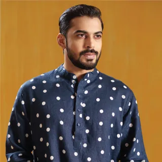 Midnight Blue Polka Dot Premium Linen Panjabi
