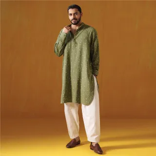 Olive Green Linen Blend Kabli Panjabi