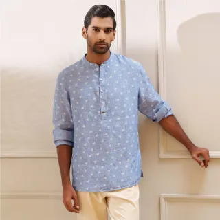 Sky Blue Print Premium Linen Henley Shirt