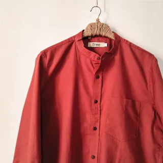 Terracotta Red Dobby Cotton Mandarin Collar Shirt