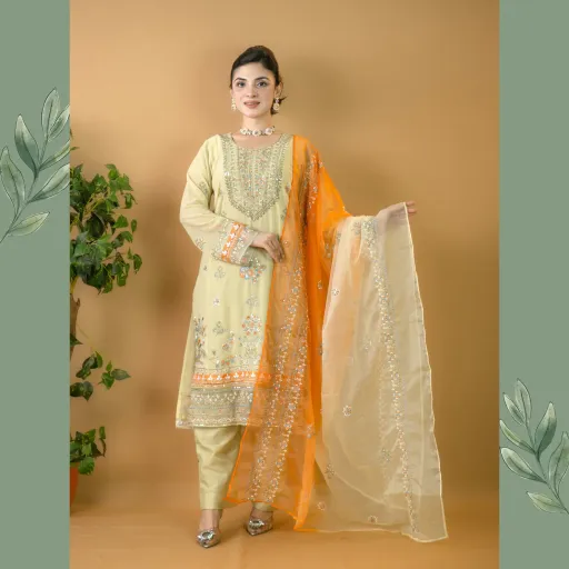 Lime Orange Embroidered Georgette Salwar Kameez – Stitching Available