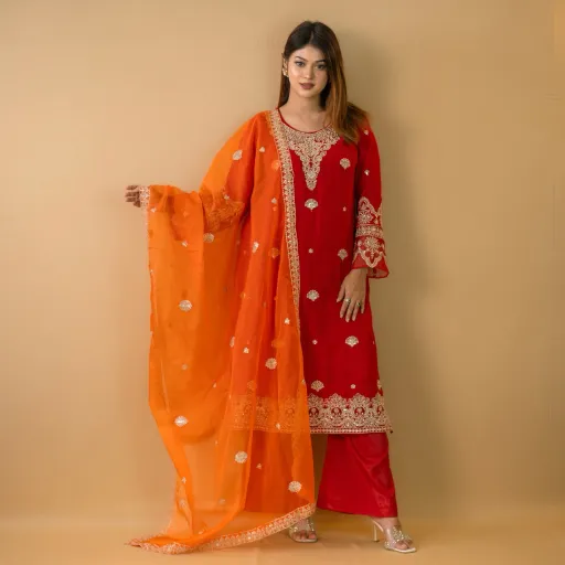 Red Orange Embroidered Georgette Salwar Kameez C-11677 – Stitching Available