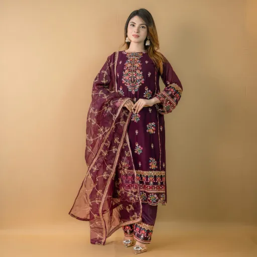Wine Embroidered Georgette Organza Salwar Kameez C-11692 – Stitching Available