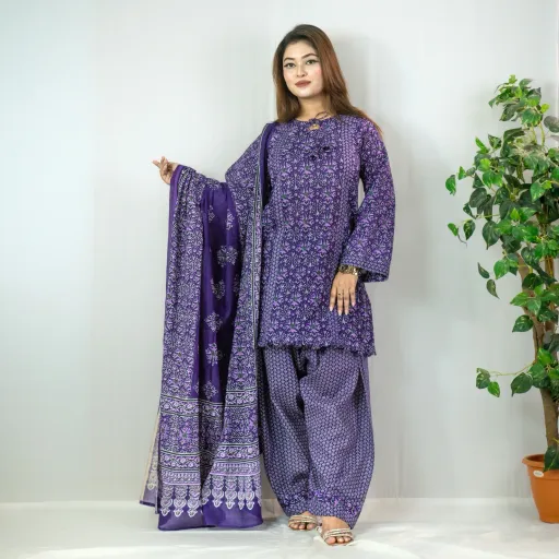 Purple Printed Fine Cotton Salwar Kameez –C-12441 Stitching Available