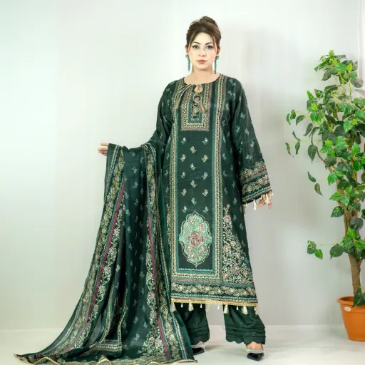 Green Printed Silk Salwar Kameez -C-12442 Stitching Available