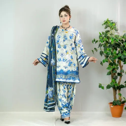 White Blue Printed Cotton Salwar Kameez –C-12454 Stitching Available