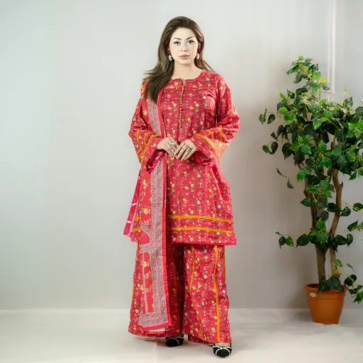 Crimson Red Printed Cotton Salwar Kameez –C-12526 Stitching Available