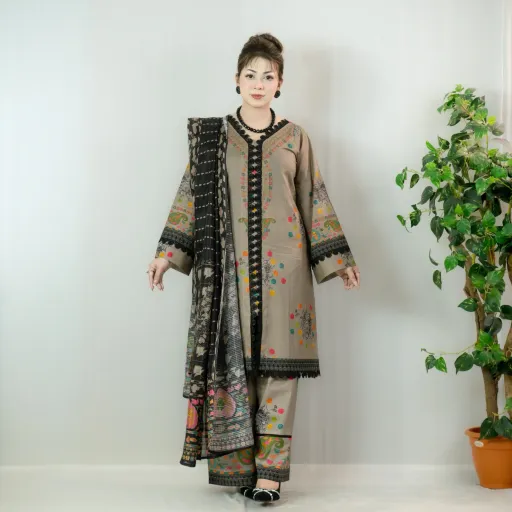 Beige Printed Fine Cotton Salwar Kameez –C-12512 Stitching Available