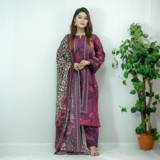 Deep Purple Printed Cotton Salwar Kameez –C-12524 Stitching Available