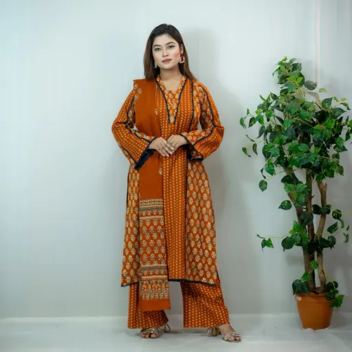 Mustard Orange Printed Cotton Salwar Kameez –C-12493 Stitching Available