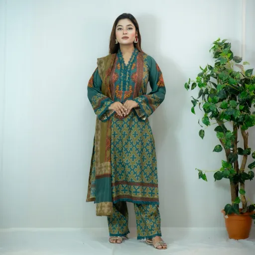 Green Printed Silk Salwar Kameez -C-12532 Stitching Available