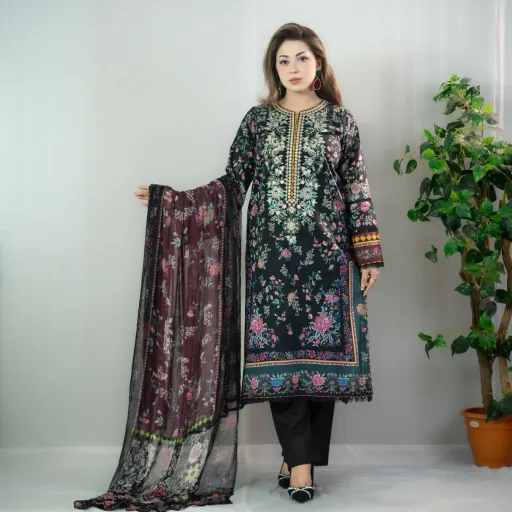 Black Printed Cotton Salwar Kameez –C-12197 Stitching Available